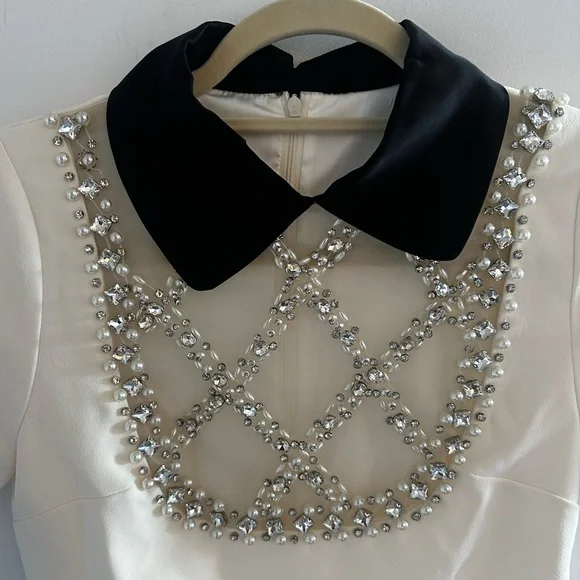 Cream Mini Dress with Black Peter Pan Collar for Wedding Guest - Picture 4 of 6